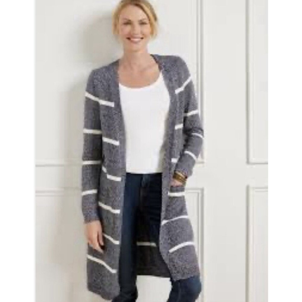 Talbots Marled Knit Duster Cardigan Open Front LP Sweater Black White Office Cas